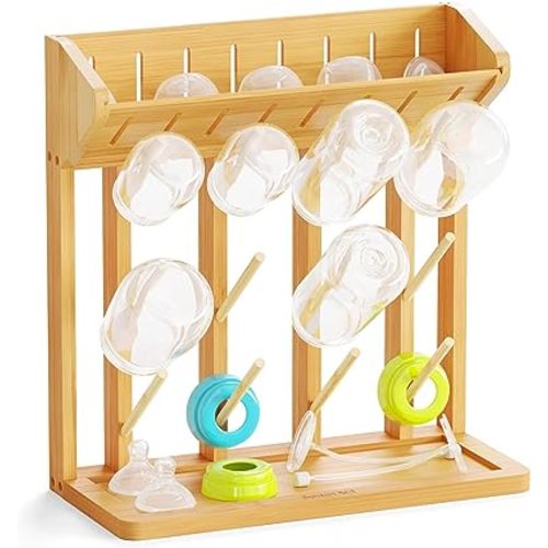 SpaceAid Bamboo Baby Bottle Drying Rack, Space Saving Kitchen Bottles Holder Organizer for Baby Bottle Rack Dryer Storage Accessories (Natural, 12 Bottles)