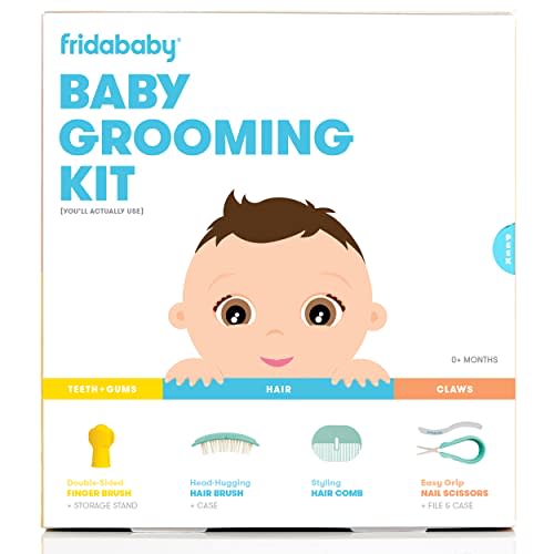 FridaBaby Grooming Kit Includes Finger Brush with Storage Stand Hair Brush with Case Styling Hair Comb Easy Grip Nail Scissors with Nail File and Case