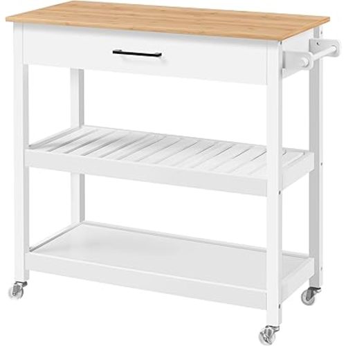 Yaheetech Kitchen Island Cart on Wheels with Bamboo Tabletop, 3-Tier Rolling Kitchen Island Microwave Cart with Drawer, Detachable Towel, 3 Hooks, 17" D x 37.5" W, White