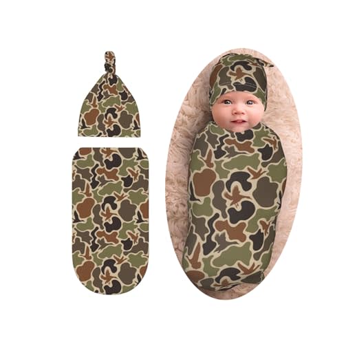 Camo Hunting Baby Stuff Newborn Swaddle Blanket with Beanie Set, Soft and Stretchy Baby Blanket Swaddle Sack for Boy and Girl