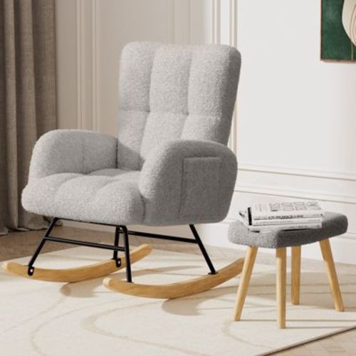 Comhoma Modern Nursery Rocking Chair With Ottoman, Teddy Upholstered Glider Accent Chair With Side Pockets, High Backrest, Beige