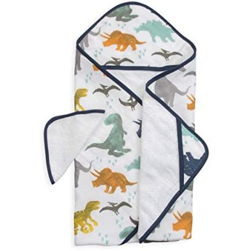 Little Unicorn Cotton Hooded Towel & Wash Cloth Set – 100% Cotton - Machine Washable – Towel 30”x 30”, Washcloth 8”x8” - Playful Design – Infants to 3T – For Boys & Girls - Summer Poppy (Dino Friends)