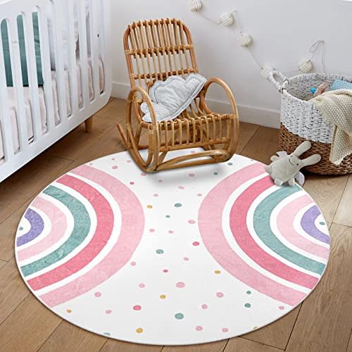 STARUIA Pink Round Rug for Nursery, 4 Ft Rainbow Washable Rug for Kids Room, Non-Slip Circle Rug Colorful Bedroom Carpet for Girls Princess Castle Playroom Classroom