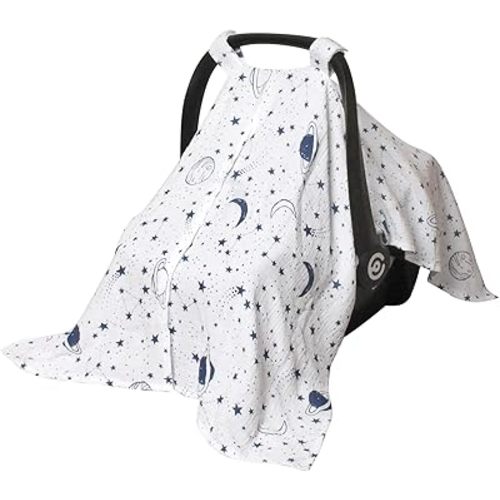 Muslin Car Seat Cover for Babies, Baby Carseat Cover for Boys Girls, Breathable Infant Car Seat Canopy, Multiuse Baby Carrier Cover & Nursing Breastfeeding Cover(White)