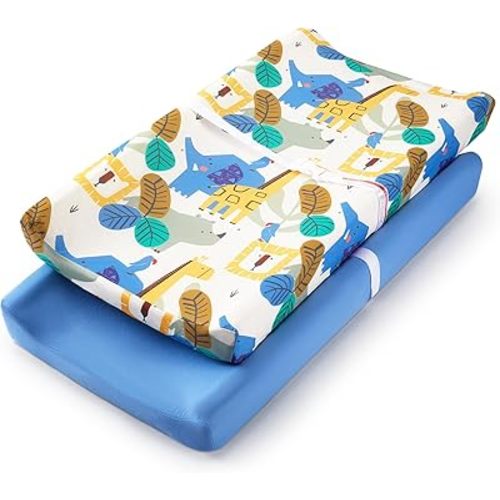 TILLYOU Baby Changing Pad Cover, Changing Table Cover for Girls Boys, Ultra Soft Breathable, 2 Pack Animal Geometry & Blue