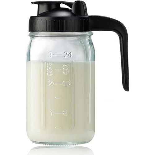 Breast Milk Pitcher Jug Glass Mason Jar Airtight Pitcher with Pour Spout Handle for Breastmilk, Iced Tea, Ice Drinks Storage Container (Black, 32oz)