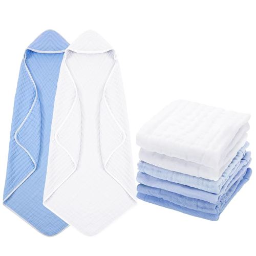 8 Pack Baby Bath Towels and Wash Cloth Set Muslin Hooded Soft 100% Cotton Baby Hooded Bath Towel Absorbent Towels Cloths for Babies, Infant, Toddler and Kids Newborn(Blue Series)