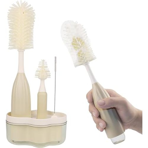 Baby Bottle Cleaning Brush Set – Innovative Silicone Foam‑Dispensing Bottle Brush with Nipple Brush & Straw Brush + Storage Stand (Beige)