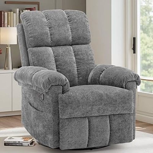 Korser Recliner Chair, Swivel Rocker Recliner Chair for Adults, Small Recliners for Small Spaces, Manual Recliner with Side Pockets, Upholstered Nursery Rocking Chair for Living Room, Chenille, Grey