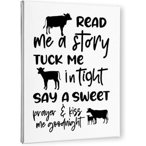 PHAMTE Cow Nursery Decor, Cow Wall Decor- Read Me a Story Tuck Me In Tight, Farm Nursery Decor, Farm Animal Cow Poster Print Framed Canvas Painting For Kids Bedroom Nursery Home Decor(11x14 Inch)