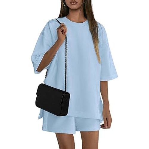 PRETTYGARDEN Women's 2 Piece Lounge Sets 2025 Summer Short Sleeve Tunic Tops Drawstring Shorts Matching Outfits Tracksuits