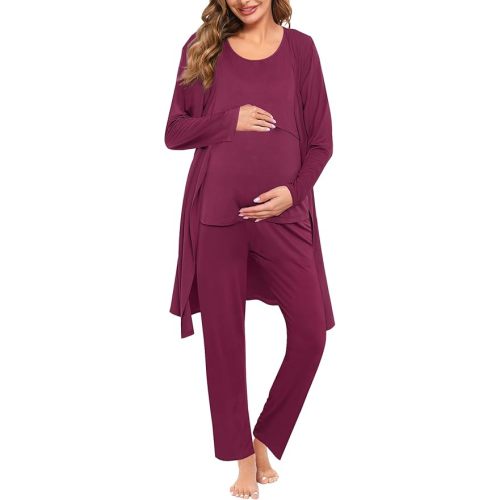 SWOMOG Maternity Nursing Robe Set 3 PCS Women Postpartum Pajamas Breastfeeding Labor Delivery Hospital Pregnancy Pjs