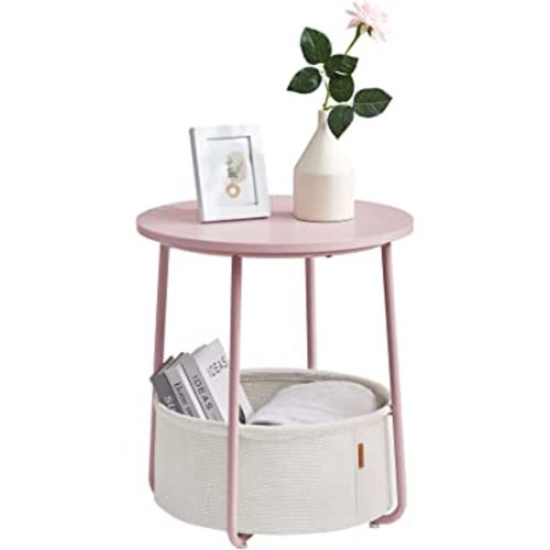 VASAGLE Small Round Side End Table, Modern Nightstand with Fabric Basket, Jelly Pink, Classic White