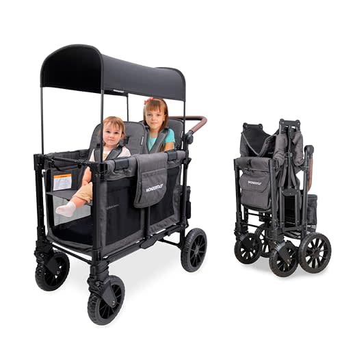 WonderFold W2 Luxe Pro Stroller Wagon, Aluminum Frame, 2 Seater, Gray | Collapsible Stroller Wagon with an Adjustable Canopy & Push Handle, XL All-Terrain Wheels & 5-Point Harnesses for Kids