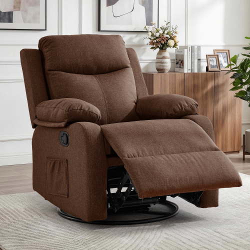 GEEYOO Manual Swivel Rocker Recliner Chair with Side Pockets,Small Recliner Chair for Small Spaces,Upholstered Linen Fabric Glider Nursery Chair for Living Room,Brown