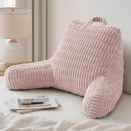 Blissful Diary Reading Pillow, Large Backrest Pillow with Shredded Memory Foam for Adult & Children, Designed for Bed and Couch Sitting Up, Includes Arms, Pockets and Washable Cover, Pale Pink
