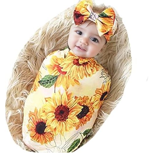 Galabloomer Newborn Receiving Blanket Headband Set Flower Print Baby Swaddle Blankets (Yellow)