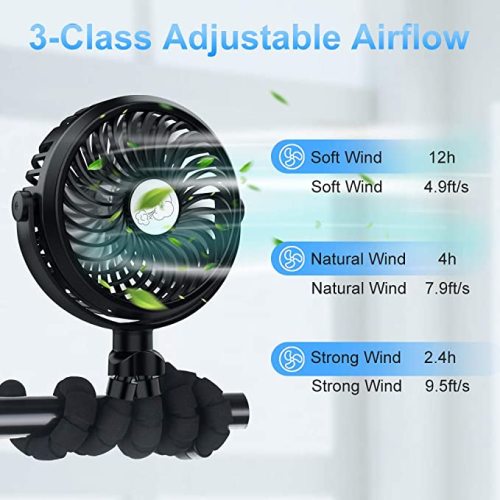 FITA Stroller Fan, Portable USB Rechargeable Fan with Flexible Tripod and LED Lights, 3 Speed Settings, Personal Fan for Bike/Baby Stroller/Car Seat