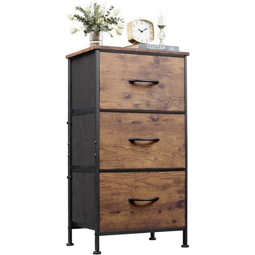 WLIVE Dresser with 3 Drawers, Fabric Nightstand, Organizer Storage Dresser for Bedroom, Hallway, Entryway, Closets, Sturdy Steel Frame, Wood Top, Easy Pull Handle, Rustic Brown Wood Grain Print