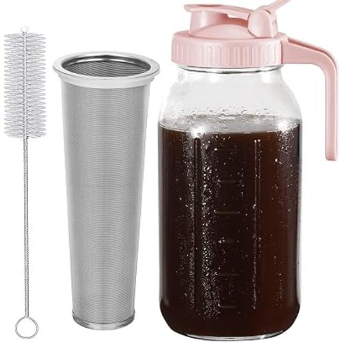 Glyntrof Cold Brew Coffee Maker Pitcher, Pink 64 Oz Heavy Duty Wide Mouth Glass Mason Jar pour spout Lid with Stainless Steel Filter for Iced Coffee, Ice Drinks