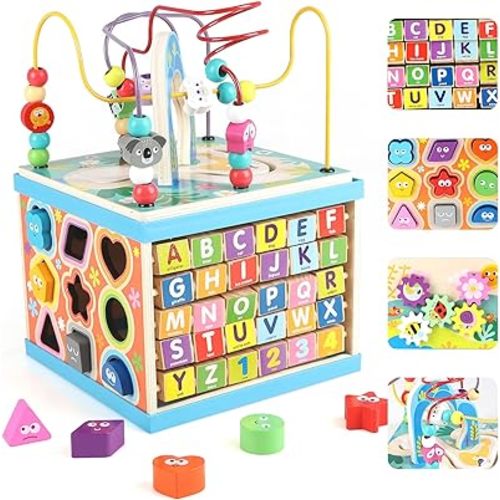 Qilay Wooden Activity Cube for Toddlers, 5 in 1 Multipurpose ABC-123 Abacus Early Educational Montessori Toys, Learning Toys for 3 Year Old | Bead Maze, Great for Boys Girls Toddlers