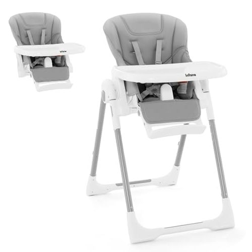 INFANS High Chair for Babies & Toddlers, Foldable Highchair with Multiple Adjustable Backrest Footrest Seat Height, Removable Tray, Detachable PU Leather Cushion Wheels (with Booster, Light Grey)