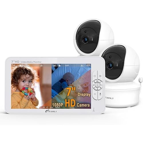 7" Large Split Baby Monitor with 2 HD Cameras and Audio, 1080P HD Video Baby Monitor No WiFi, 30hr Battery,Hack Proof, Remote Control,VOX Mode, Auto Night Vision, Built in Lullabies n White Noise