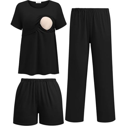 Ekouaer 3 Piece Postpartum Nursing Pajamas Set Short Sleeve Breastfeeding Shirts Pregnancy Shorts & Pants Maternity Pjs Black S