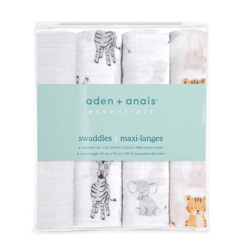 Aden + Anais™ Essentials, Cotton Muslin Swaddle Blanket, Safari Babes, Unisex, Infants, 4-Pack