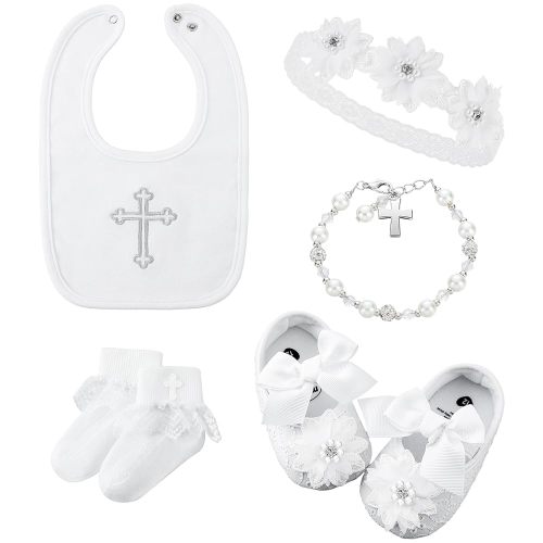 5 Pcs Baptism Bib for Baby Girl white Christening Sock Shoes Headband Cross Charm Bracelet Baptism Outfits Gift