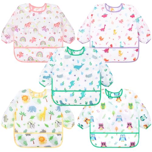 Accmor 5 Pack Long Sleeve Bibs, Baby Smock Waterproof Sleeved Bib Smock for Baby Toddler 6-36 Months