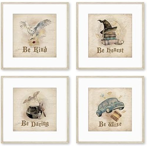 PLKMN Vintage Retro Magic Art Print Set of 4, Owl Magic Book Magic Stick Wall Art,Be Kind Wall Poster Picture, Magic Lovers, Positive Poster For Girls Room Living Room Home Decor 10x10 Inch (Unframed)