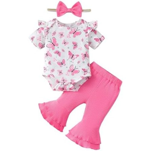 SUNNY PIGGY Baby Girl Clothes Ruffle Short Sleeve Romper Long Pants Set with Headband Newborn Infant Outfits