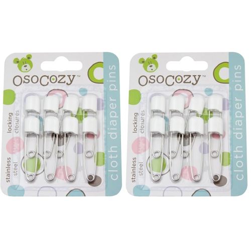 OsoCozy Diaper Pins - Sturdy, Stainless Steel with Safe Locking Closures - 8 Count (Pack of 2) - White - Colorful Laundry Pins