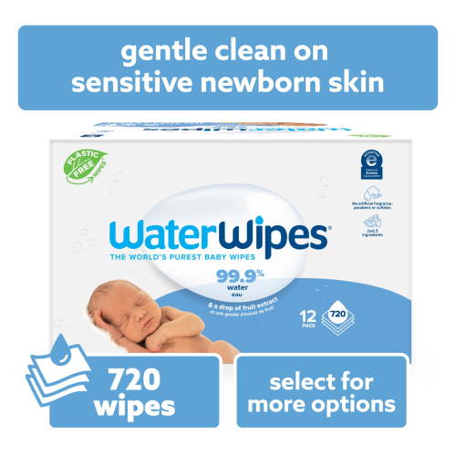 WaterWipes Original 99.9% Water Based Baby Wipes, Unscented, 12 Resealable Packs (720 Wipes)