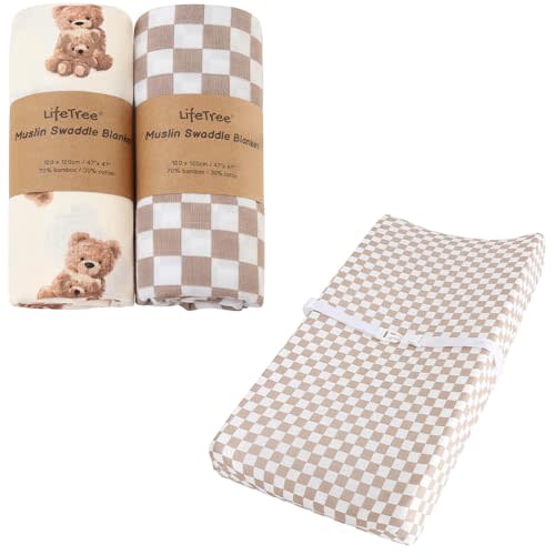 LifeTree Muslin Swaddle Blankets Neutral 47 * 47 inches and Muslin Changing Pad Cover 16 * 32 inches, 70% Viscose from Bamboo and 30% Cotton, Bear & Checkered Coffee