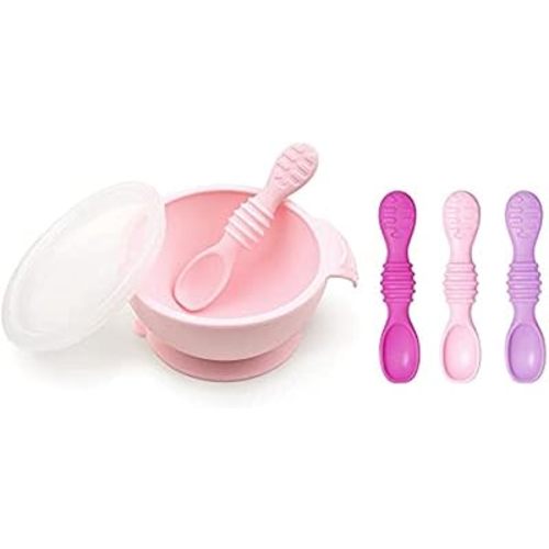 Bumkins Baby Bowl, Silicone Feeding Set with Suction for Baby and Toddler, Includes 4 Spoons and Lid, First Feeding Set, Training Essentials for Baby Led Weaning for Babies 4 Months Up, Pink
