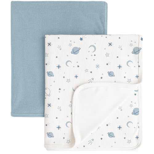 Konssy Knit Baby Blanket 2 Pack, Soft Ribbed Swaddle Receiving Blankets for Boys & Girls, Lightweight Cozy Swaddling Wrap for Newborns, Infants, & Toddlers, 33x42 Inch (Star,Blue)