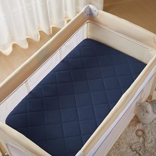 TILLYOU Pack and Play Sheets for Toddler Mattress, Mini Crib Sheets Fitted Up to 3" Deep, Breathable and Soft fit 39"x27", Navy