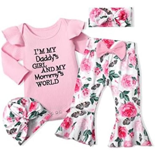 Baby Girl Clothes,4pcs Infant Newborn Girl Outfits Ruffle Romper Baby Bell Bottoms Headband Bandana Clothes Sets Gifts