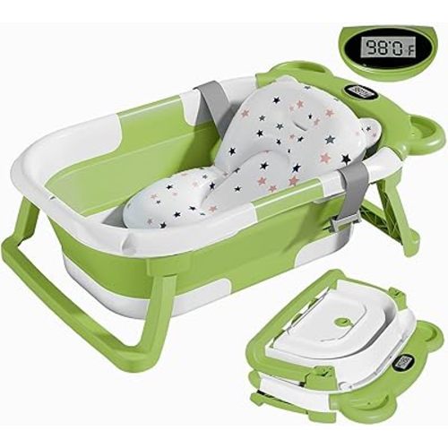 TPN Collapsible Baby Bathtub for Infants to Toddler with Real-time Temp Monitor+Floating Cushion,Foldable Baby Bath Tub Set Applicable 0-36 Month,Perfect Portable Travel Baby Tub for Newborns Boy