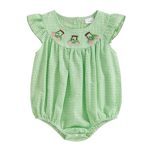 Newborn Baby Girl Golf Outfit Summer Fly Sleeve Golfing Theme Embroidery Smocked Plaid Romper Bodysuit One Piece