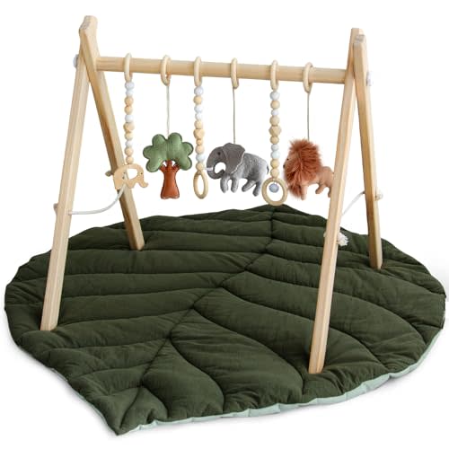 Razee Wooden Baby Play Gym Activity Mat, Leaf Shaped Play Mat Baby Gym with 6 Hanging Sensory Toys Foldable Baby Gym Newborn Infant Baby Use