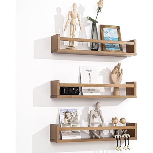 MBYD Nursery Book Shelves, 24 Inch Floating Bookshelves for Wall Set of 3, Baby Nursery Decor, Solid Wood Wall Mounted Bookshelf Nursery Shelves for Books Walnut