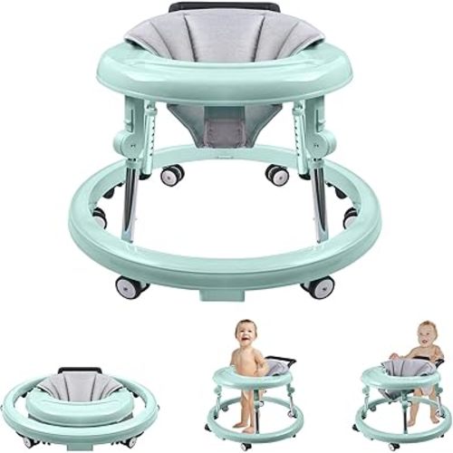 Baby Walker with Wheels, Activity Center with Mute Wheels Anti-Rollover, 5-Position Height Adjustable Foldable Baby Walker for Boys and Girls from 6-18 Months with Footrest