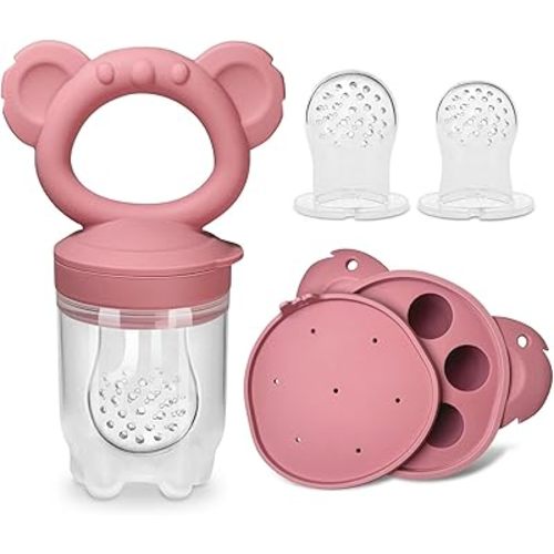 Koala Baby Feeder Set, Silicone Baby Fruit Feeder with Koala Freezer Tray – Safely Introduce New Foods, Teething Relief – Perfect for Breast Milk & Self-Feeding for Babies & Infants (Power Rose)