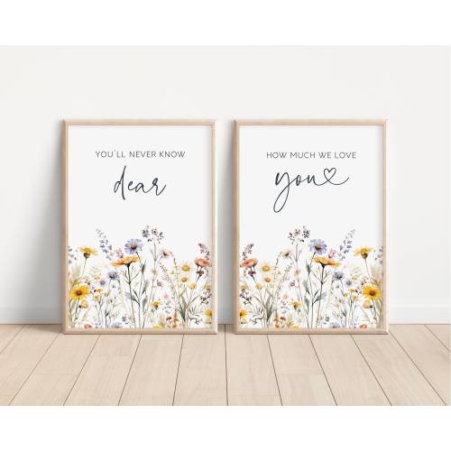 Wildflower Nursery Decor Girl, Boho Nursery Decor, Wildflower Print Set of 2, You'll Never Know Dear How Much I Love You, Botanical Prints