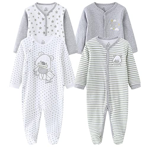 MAMIMAKA Baby Boys Girls Footies One-Piece Romper Long-Sleeve Jumsuit Cotton Newborn Clothes Set 4-Pack, Baby Pajamas