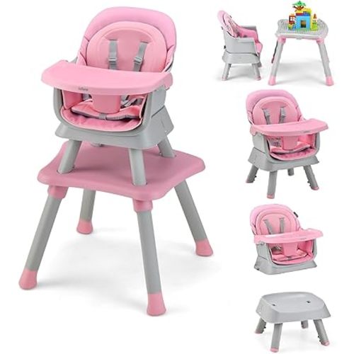 INFANS 8 in 1 Baby High Chair, Convertible Highchair for Babies and Toddlers, Infant Dining Booster Seat, Building Block Table, Kids Stool Table Chair Set with Removable Tray