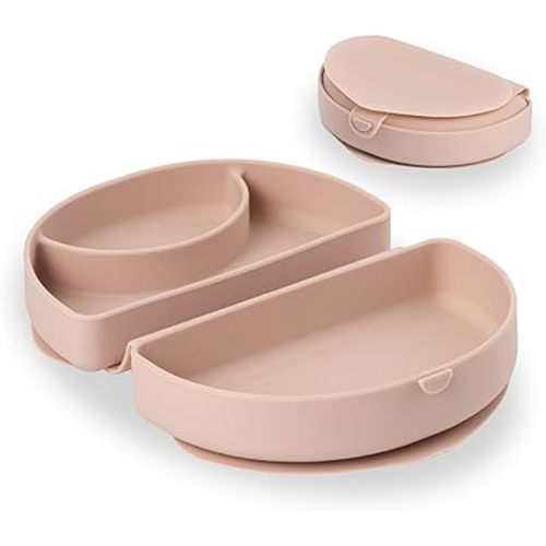 Miniware Silicone Baby Plate for Travel with Suction - Foldable Baby Travel Essential to Promote Self-Feeding - Dishwasher Safe, BPA Free, Food Grade Silicone Baby Travel Plate - Pink Silifold